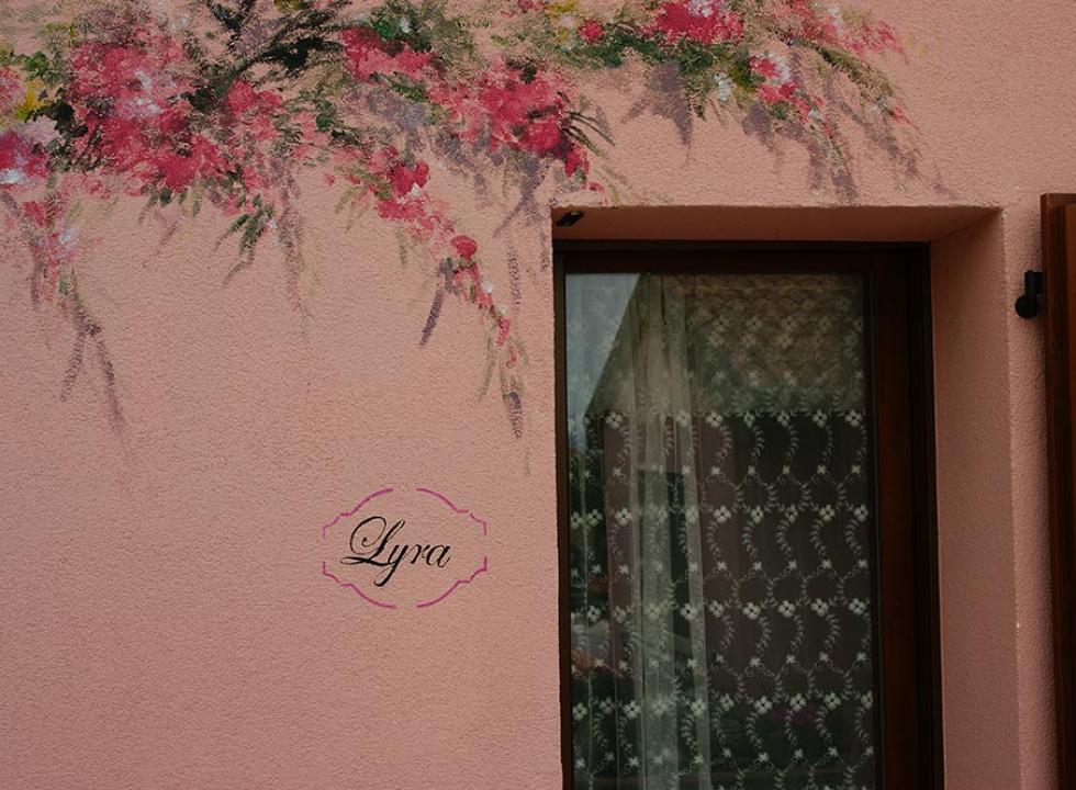 Muro rosa con decorazioni floreali e finestra con tenda.